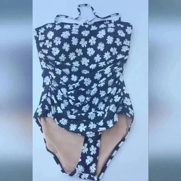 J Crew Women Blu White Floral Ruched Bandeau w/ Halter Strap One Piece Sz 10 NWT - Picture 1 of 7